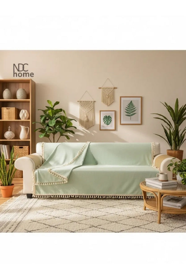 Premium Keten Adaçayı Ponponlu Koltuk Örtüsü (170 x 220)