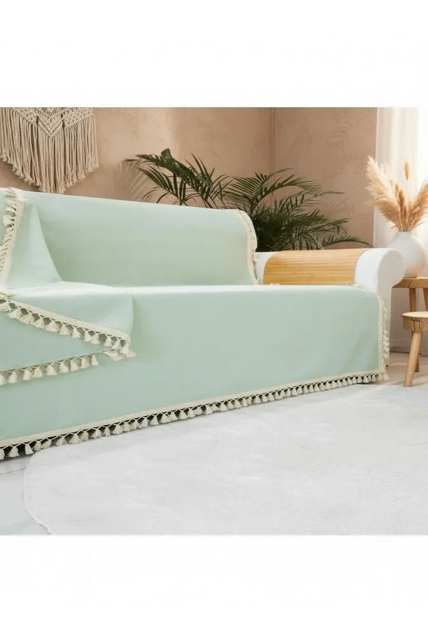 Premium Keten Adaçayı Ponponlu Koltuk Örtüsü (170 x 220)