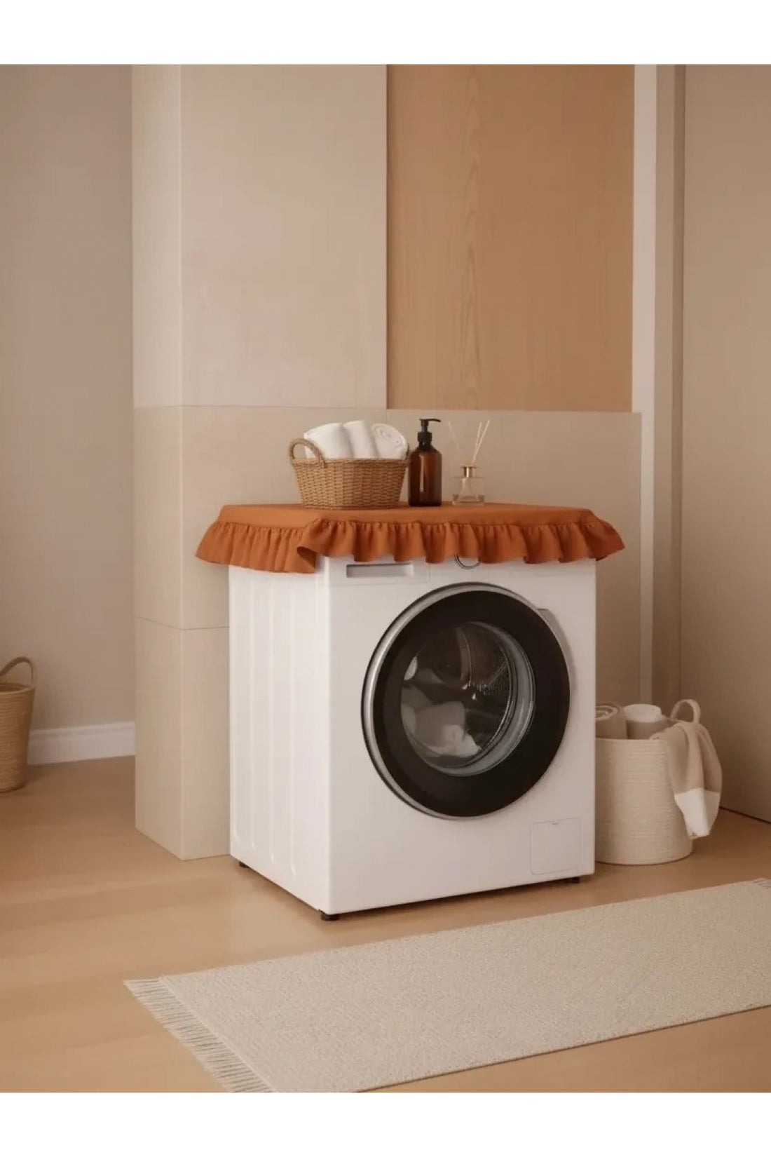 Fırfırlı Çamaşır Makinesi Örtüsü - Çeyizlik Dekoratif Banyo Makine Kılıfı- Tarçın