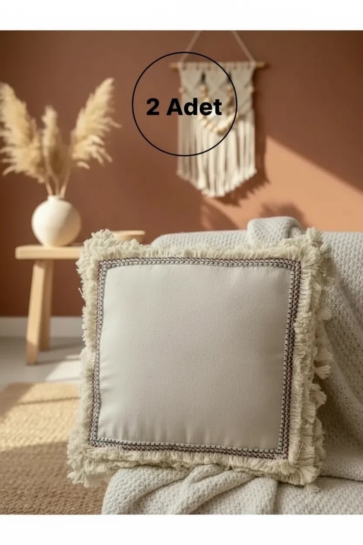 Dört Kenar Püsküllü Keten Krem Kırlent Kırlent Kılıfı43x43][