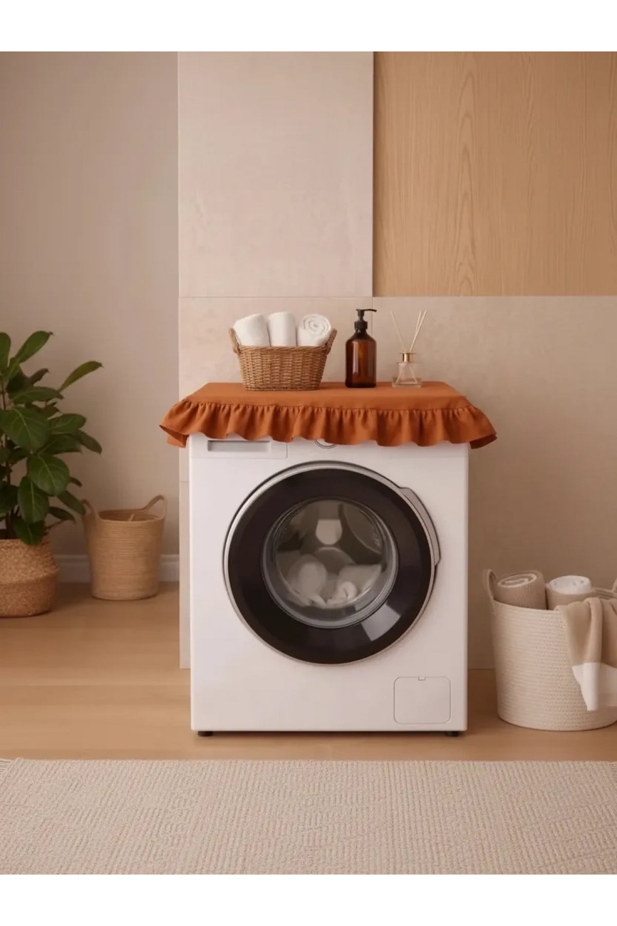 Fırfırlı Çamaşır Makinesi Örtüsü - Çeyizlik Dekoratif Banyo Makine Kılıfı- Tarçın