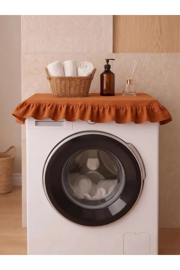 Fırfırlı Çamaşır Makinesi Örtüsü - Çeyizlik Dekoratif Banyo Makine Kılıfı- Tarçın