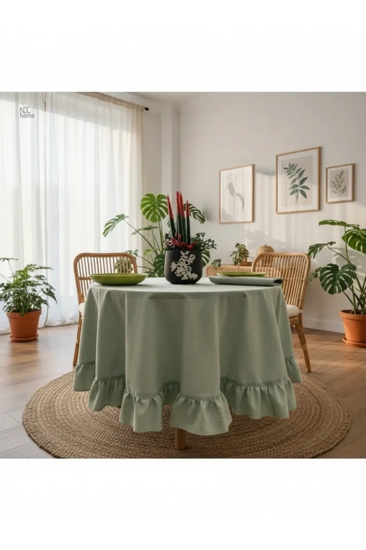 Premium Keten Adaçayı Yeşil FIRFIRLI YUVARLAK Masa Örtüsü