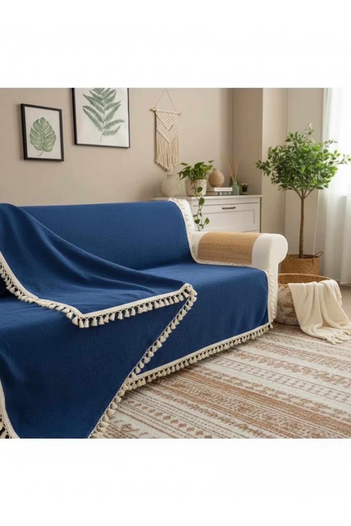 Premium Keten Lacivert Ponponlu Koltuk Örtüsü ()