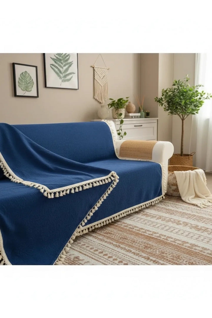 Premium Keten Lacivert Ponponlu Koltuk Örtüsü ()