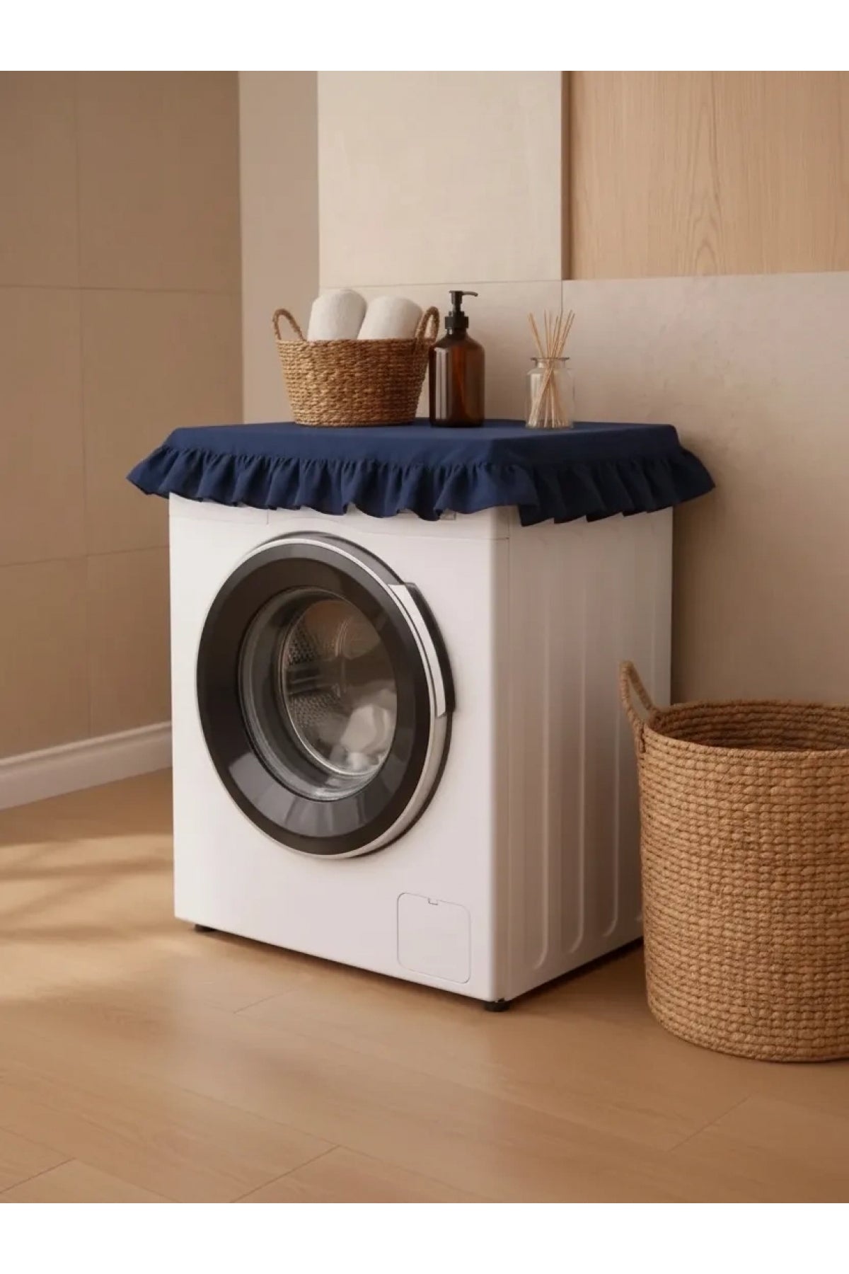 NDC HOME Fırfırlı Çamaşır Makinesi Örtüsü - Çeyizlik Dekoratif Banyo Makine Kılıfı- Lacivert