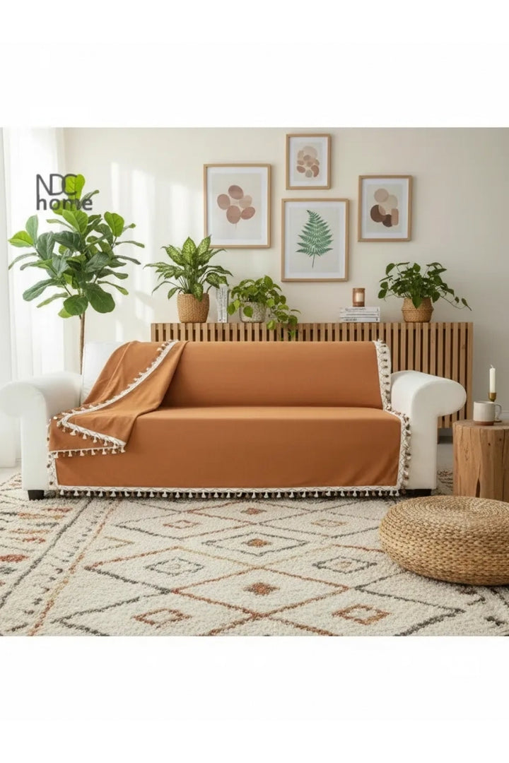 Premium Keten Tarçın [ TARÇIN] Ponponlu Koltuk Örtüsü (