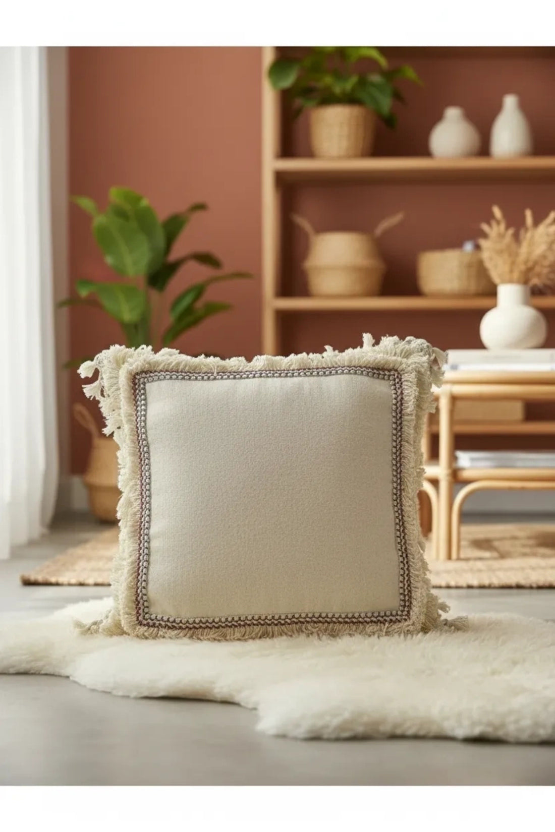 Dört Kenar Püsküllü Keten Krem Kırlent Kırlent Kılıfı43x43][