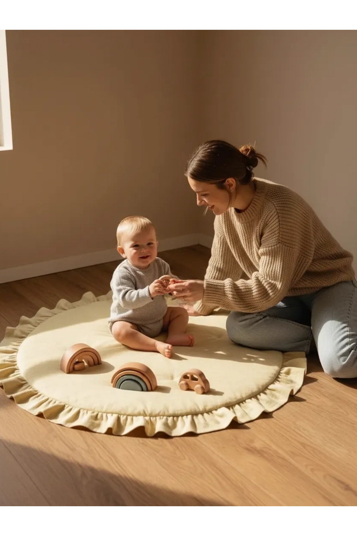 Keten Oyun Halısı, Yuvarlak Oyun Matı, Fırfırlı Oyun Minderi-Sarı