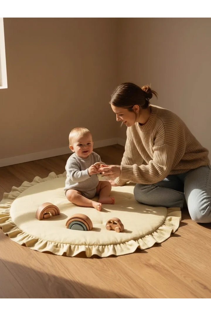 Keten Oyun Halısı, Yuvarlak Oyun Matı, Fırfırlı Oyun Minderi-Sarı