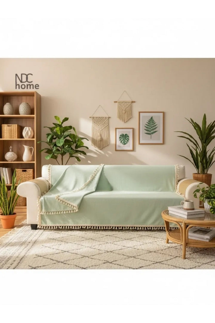 Premium Keten Adaçayı Ponponlu Koltuk Örtüsü (170 x 220)