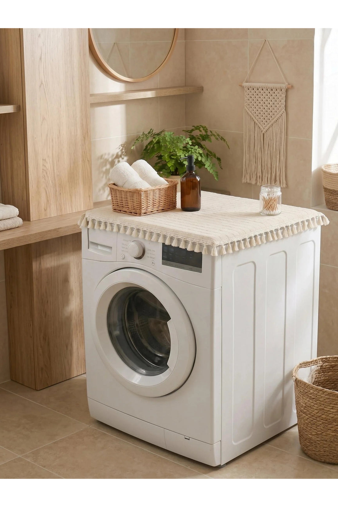 Ham Ponponlu Monica Çamaşır Makinesi Örtüsü - Çeyizlik Dekoratif Banyo Makine Kılıfı