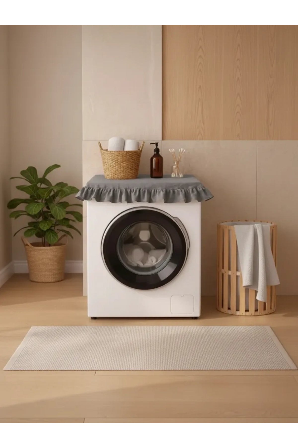 Fırfırlı Çamaşır Makinesi Örtüsü - Çeyizlik Dekoratif Banyo Makine Kılıfı- Füme