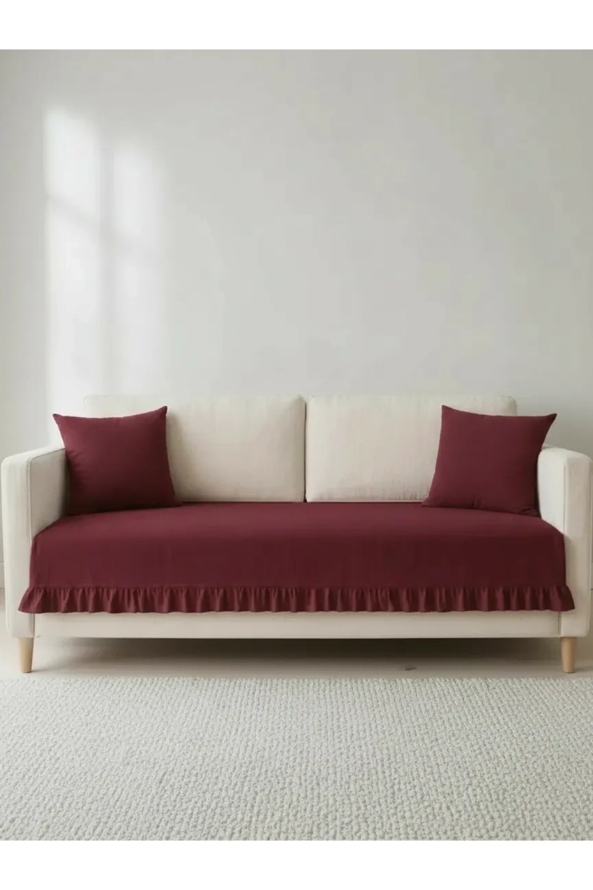 Fırfırlı Keten Koltuk Örtüsü [Kırlentli]-Bordo