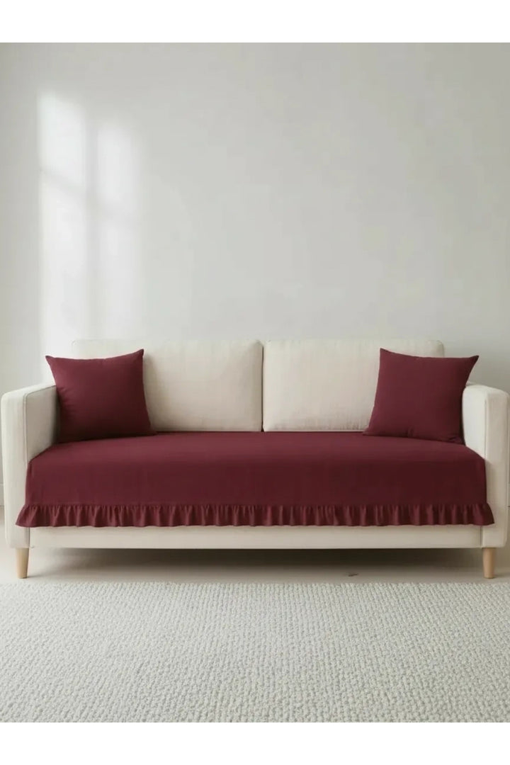 Fırfırlı Keten Koltuk Örtüsü [Kırlentli]-Bordo