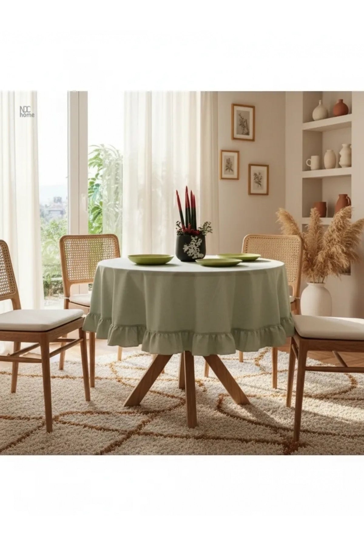 Premium Keten Adaçayı Yeşil FIRFIRLI YUVARLAK Masa Örtüsü