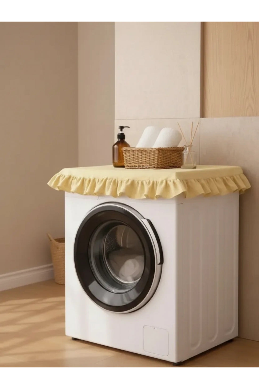 NDC HOME Fırfırlı Çamaşır Makinesi Örtüsü - Çeyizlik Dekoratif Banyo Makine Kılıfı- Sarı