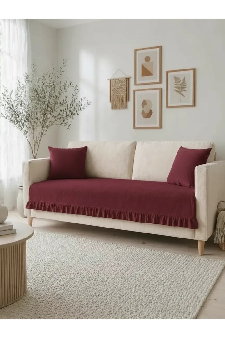 Fırfırlı Keten Koltuk Örtüsü [Kırlentli]-Bordo