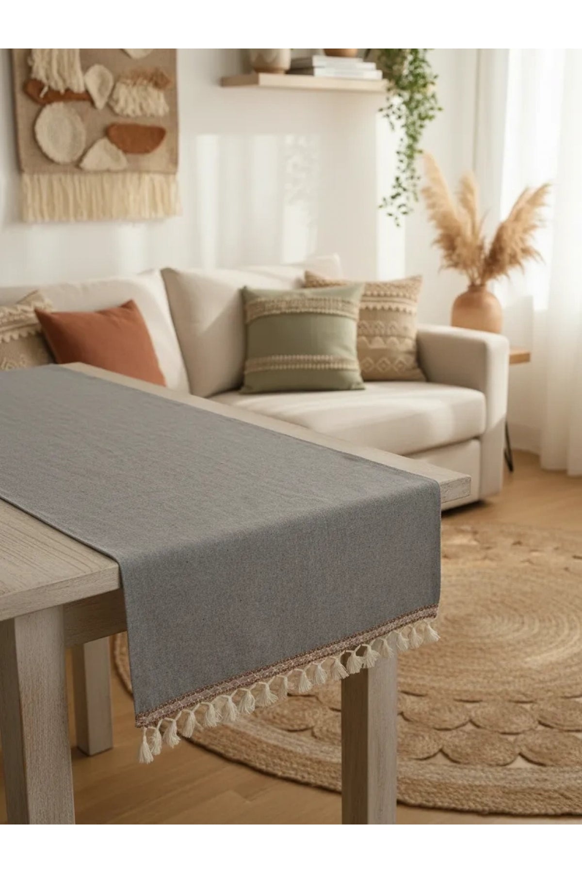 Keten Gri Antrasit Şeritli Ponpon Runner 150 X 45