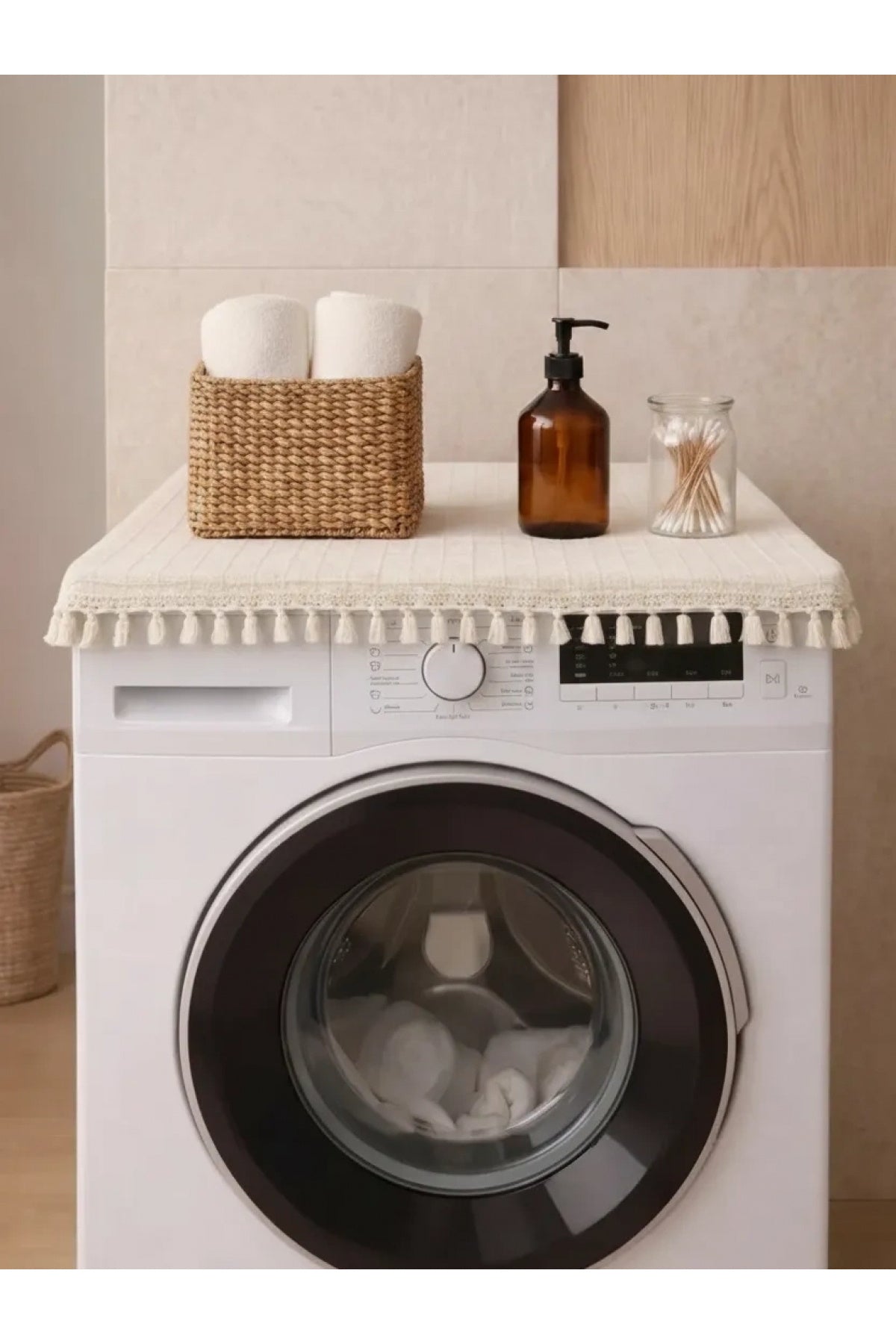 Ham Ponponlu Monica Çamaşır Makinesi Örtüsü - Çeyizlik Dekoratif Banyo Makine Kılıfı