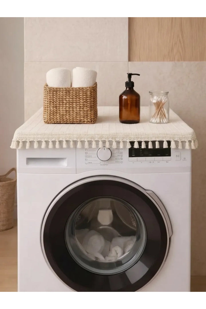 Ham Ponponlu Monica Çamaşır Makinesi Örtüsü - Çeyizlik Dekoratif Banyo Makine Kılıfı