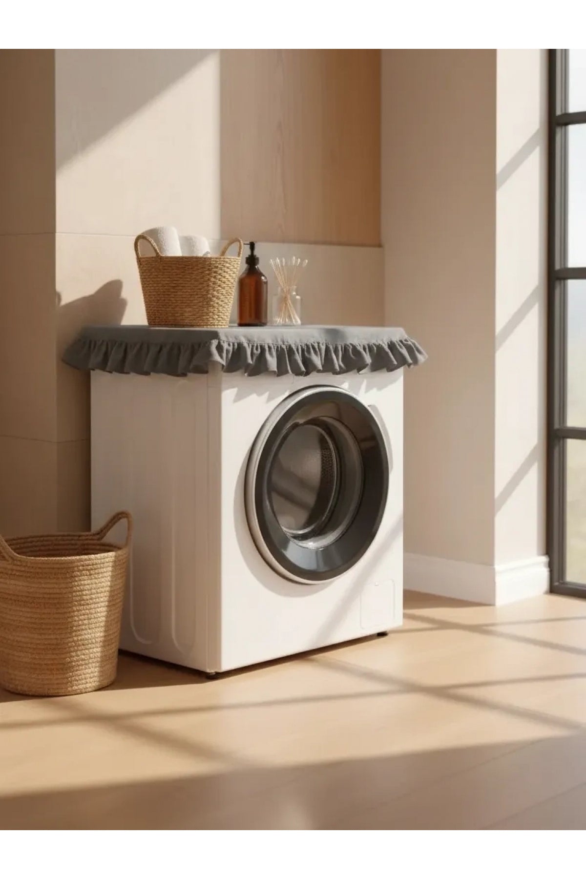 Fırfırlı Çamaşır Makinesi Örtüsü - Çeyizlik Dekoratif Banyo Makine Kılıfı- Füme