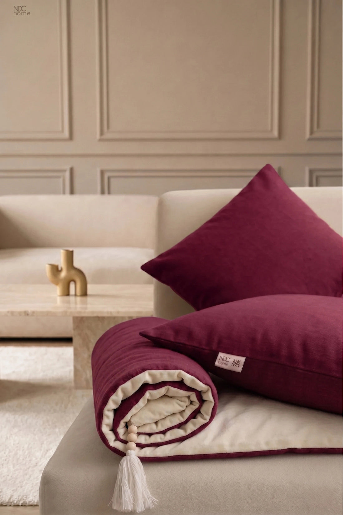 Luxury Çift Taraflı Keten Koltuk Pedi / Şiltesi [Kırlentli] - Bordo-Krem