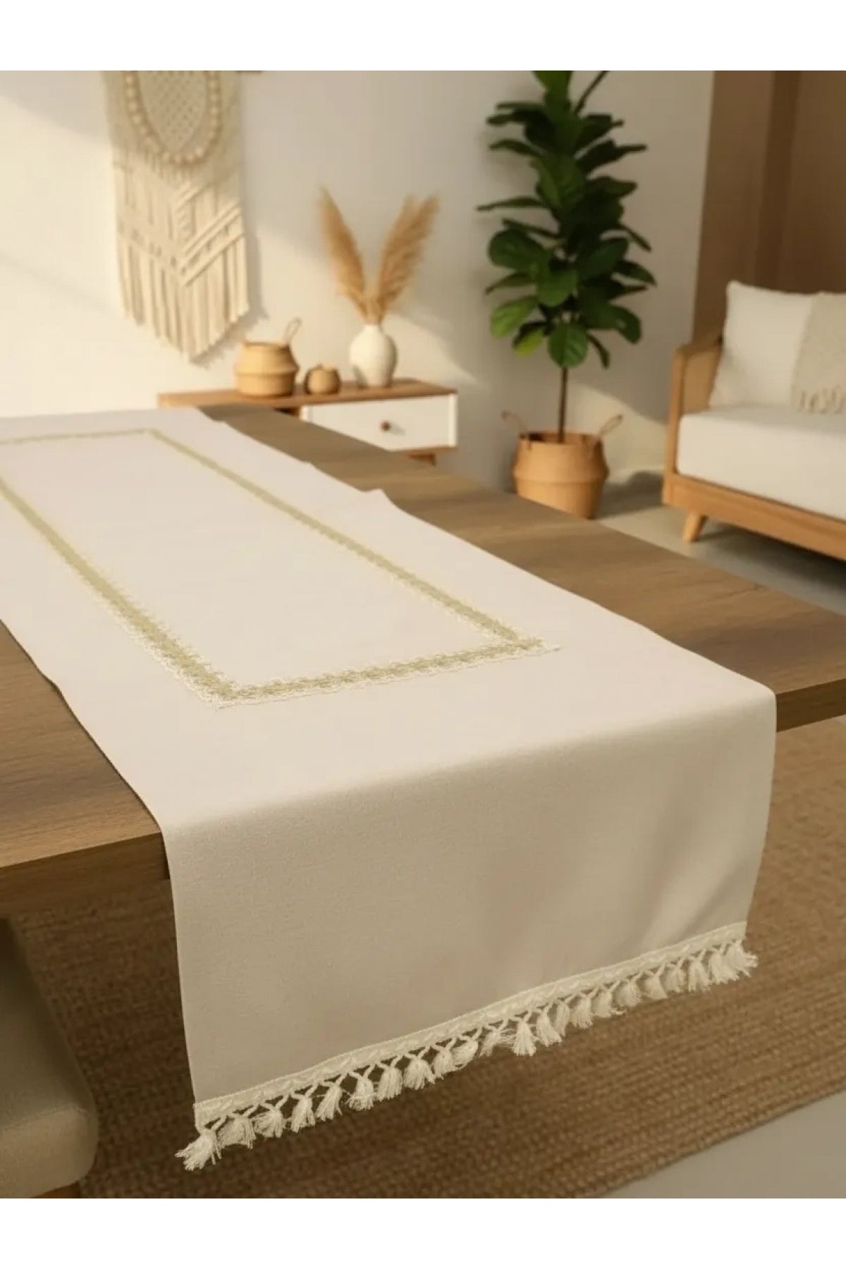 Keten Bej Renk Jüt Dantel Ponponlu Runner 50 X 150