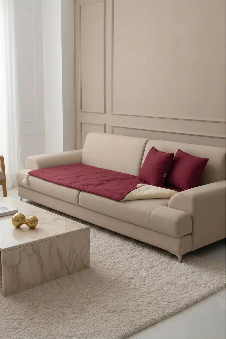 Luxury Çift Taraflı Keten Koltuk Pedi / Şiltesi [Kırlentli] - Bordo-Krem