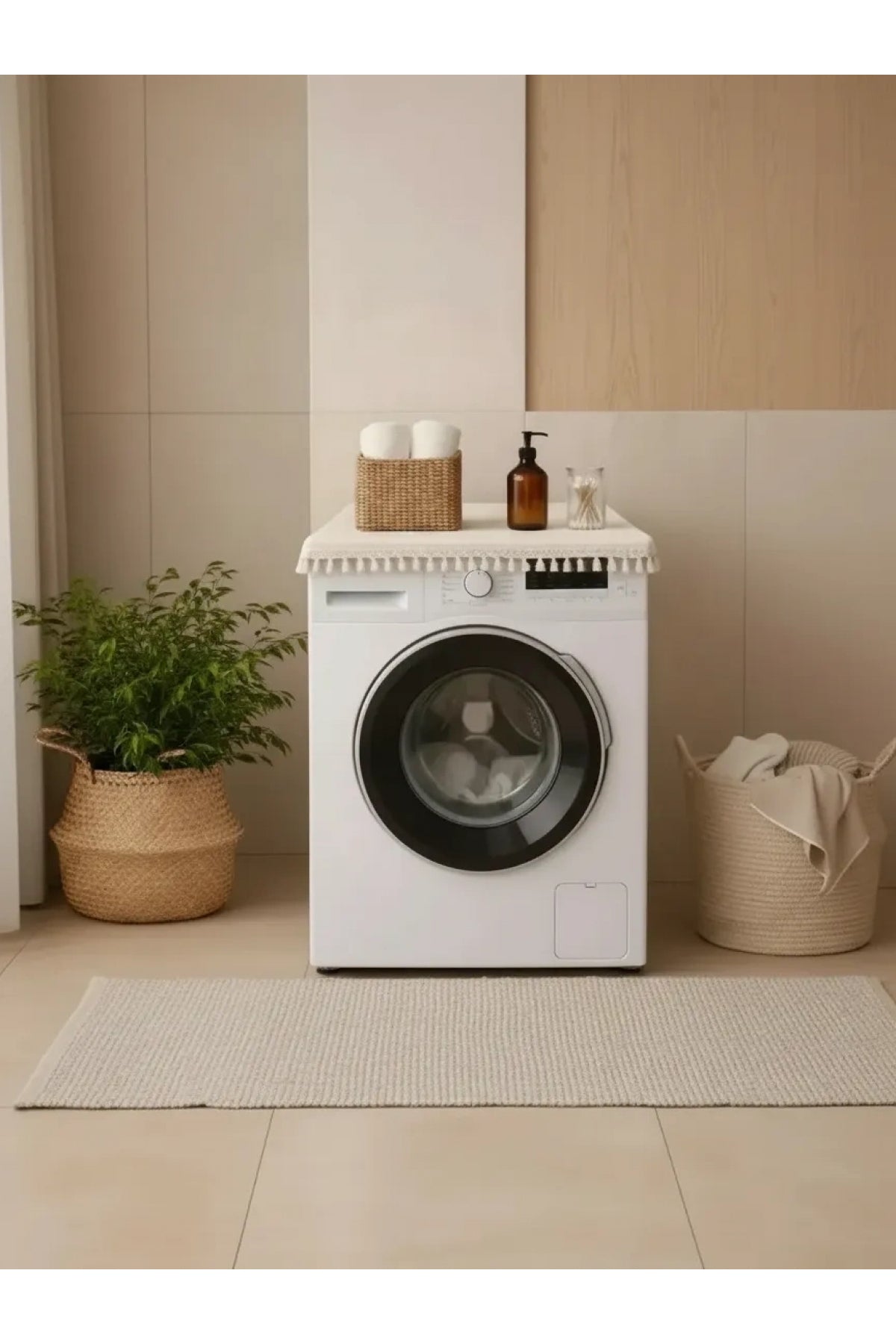 Ham Ponponlu Monica Çamaşır Makinesi Örtüsü - Çeyizlik Dekoratif Banyo Makine Kılıfı