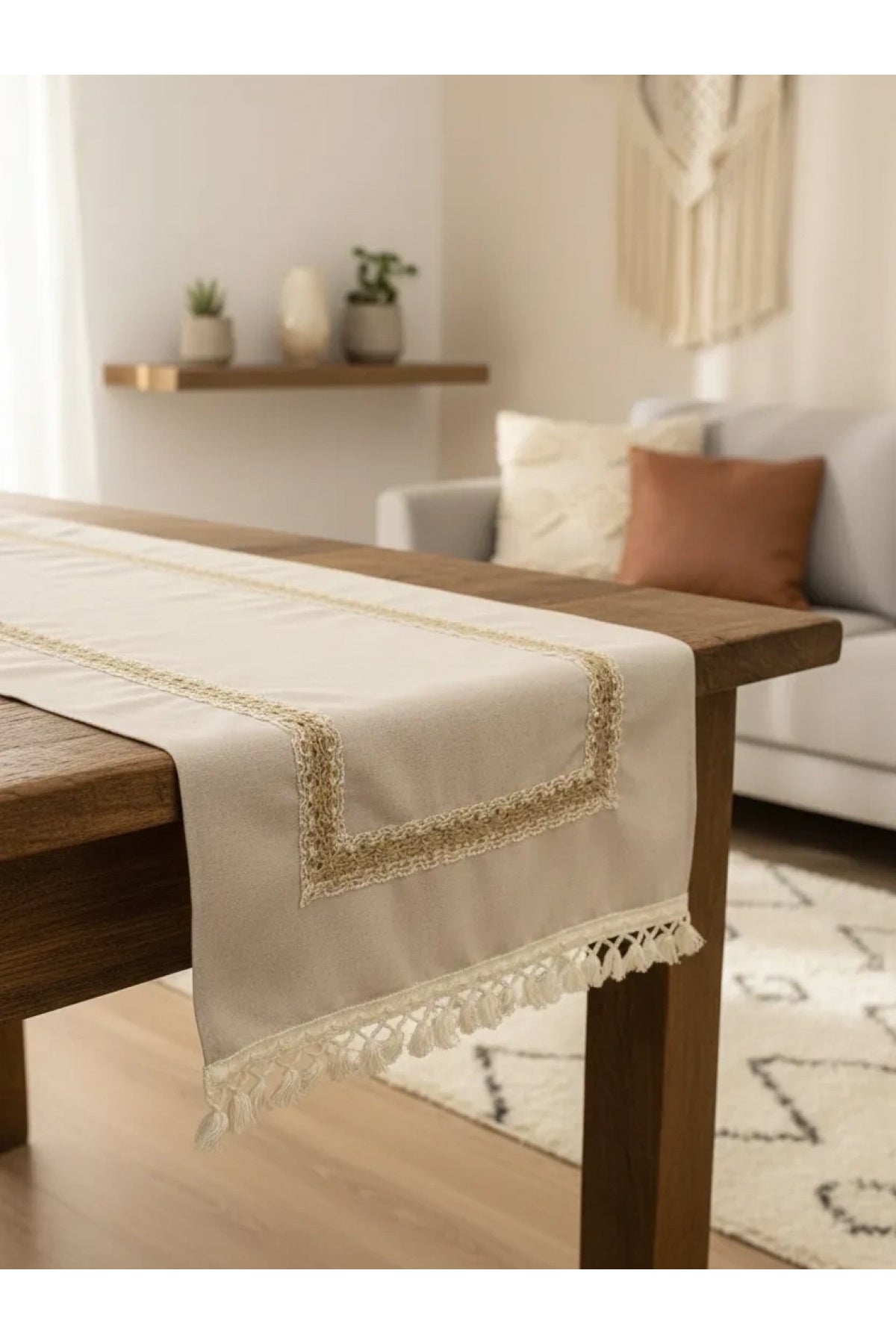 Keten Bej Renk Jüt Dantel Ponponlu Runner 50 X 150