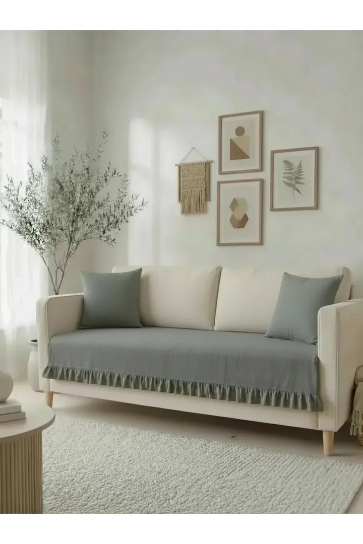 Fırfırlı Keten Koltuk Örtüsü [Kırlentli]-Füme