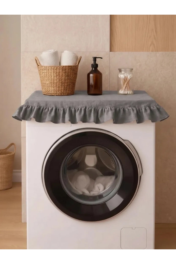 Fırfırlı Çamaşır Makinesi Örtüsü - Çeyizlik Dekoratif Banyo Makine Kılıfı- Füme