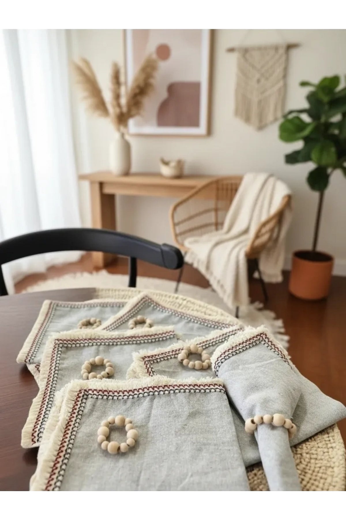 6LI Gri Keten Mini Püsküllü [Ahşap Toka Hediyeli] Peçete Takımı