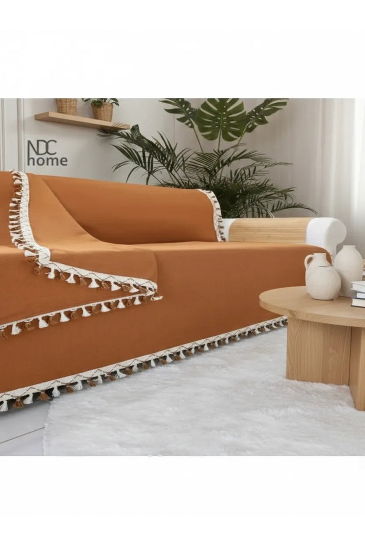 Premium Keten Tarçın [ TARÇIN] Ponponlu Koltuk Örtüsü (