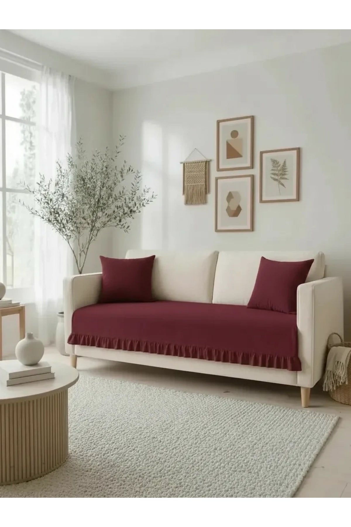 Fırfırlı Keten Koltuk Örtüsü [Kırlentli]-Bordo