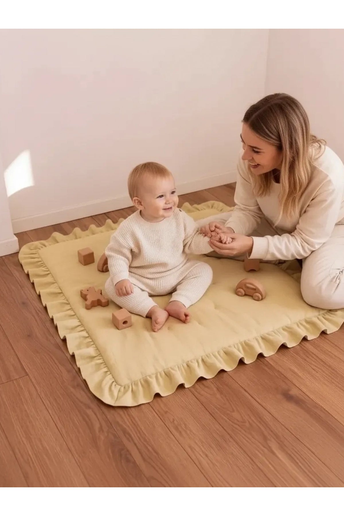 Keten Oyun Halısı, Kare Oyun Matı, Fırfırlı Oyun Minderi-Sarı