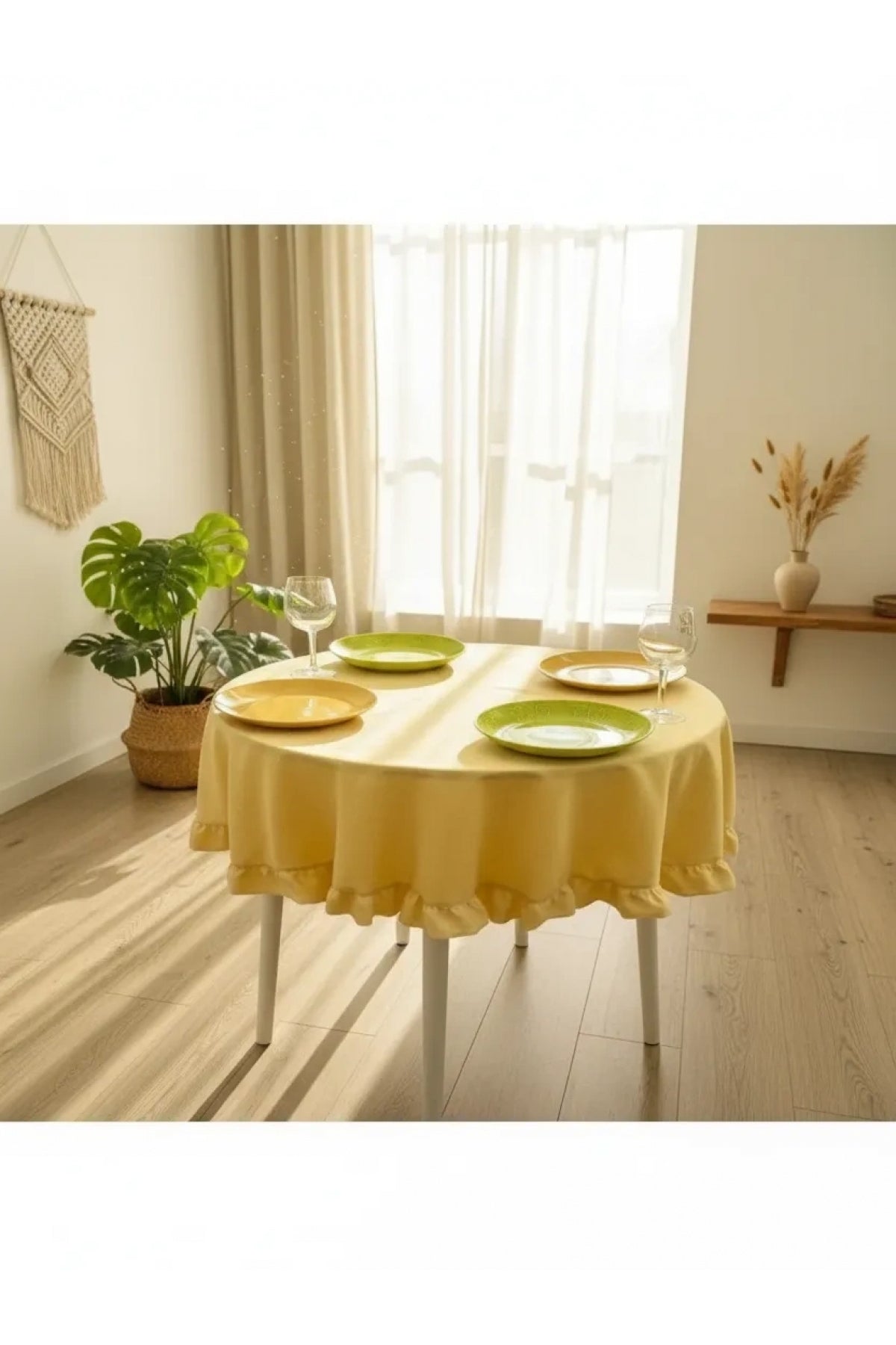 Sarı Keten Fırfırlı Yuvarlak Masa Örtüsü