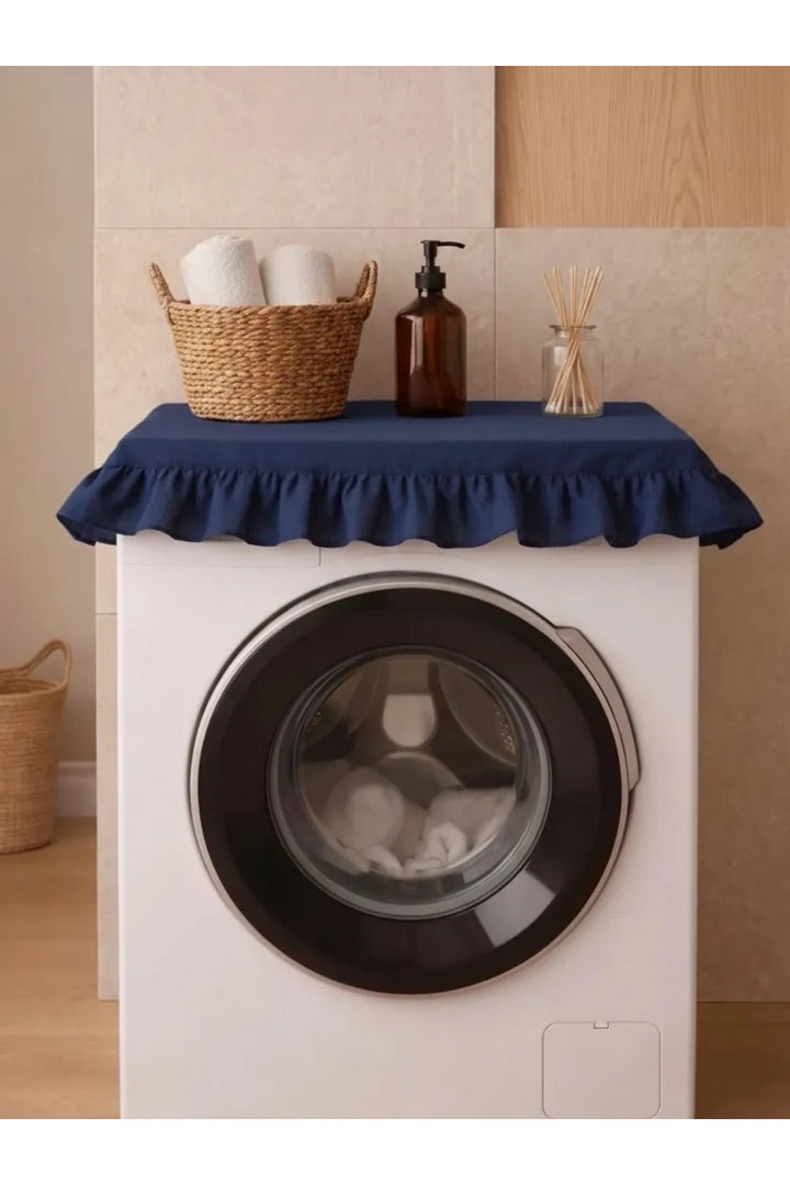 NDC HOME Fırfırlı Çamaşır Makinesi Örtüsü - Çeyizlik Dekoratif Banyo Makine Kılıfı- Lacivert