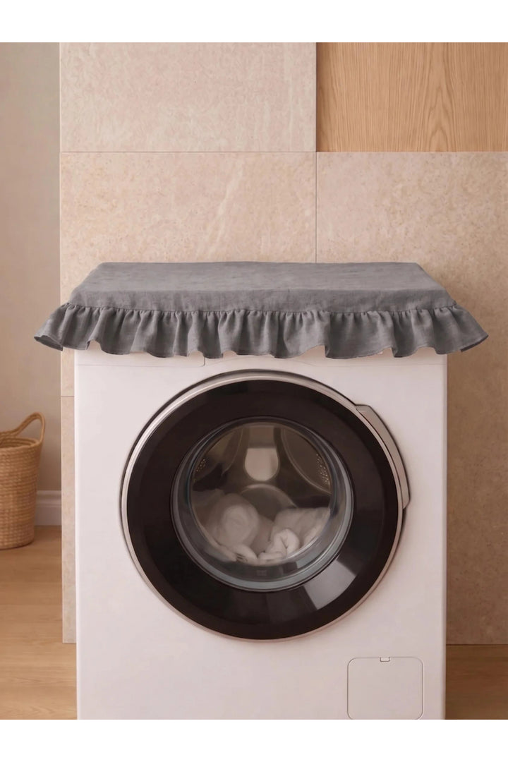 Fırfırlı Çamaşır Makinesi Örtüsü - Çeyizlik Dekoratif Banyo Makine Kılıfı- Füme