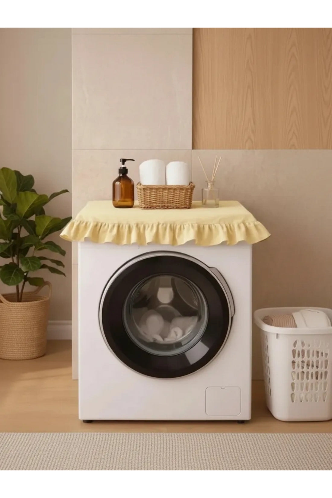 NDC HOME Fırfırlı Çamaşır Makinesi Örtüsü - Çeyizlik Dekoratif Banyo Makine Kılıfı- Sarı