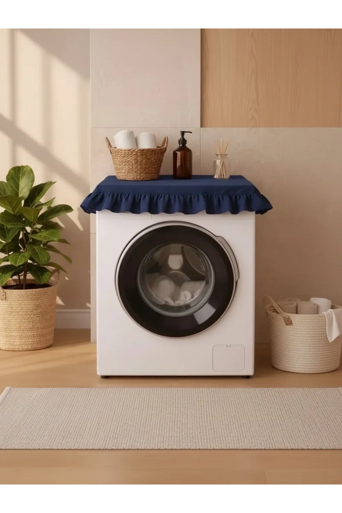 NDC HOME Fırfırlı Çamaşır Makinesi Örtüsü - Çeyizlik Dekoratif Banyo Makine Kılıfı- Lacivert