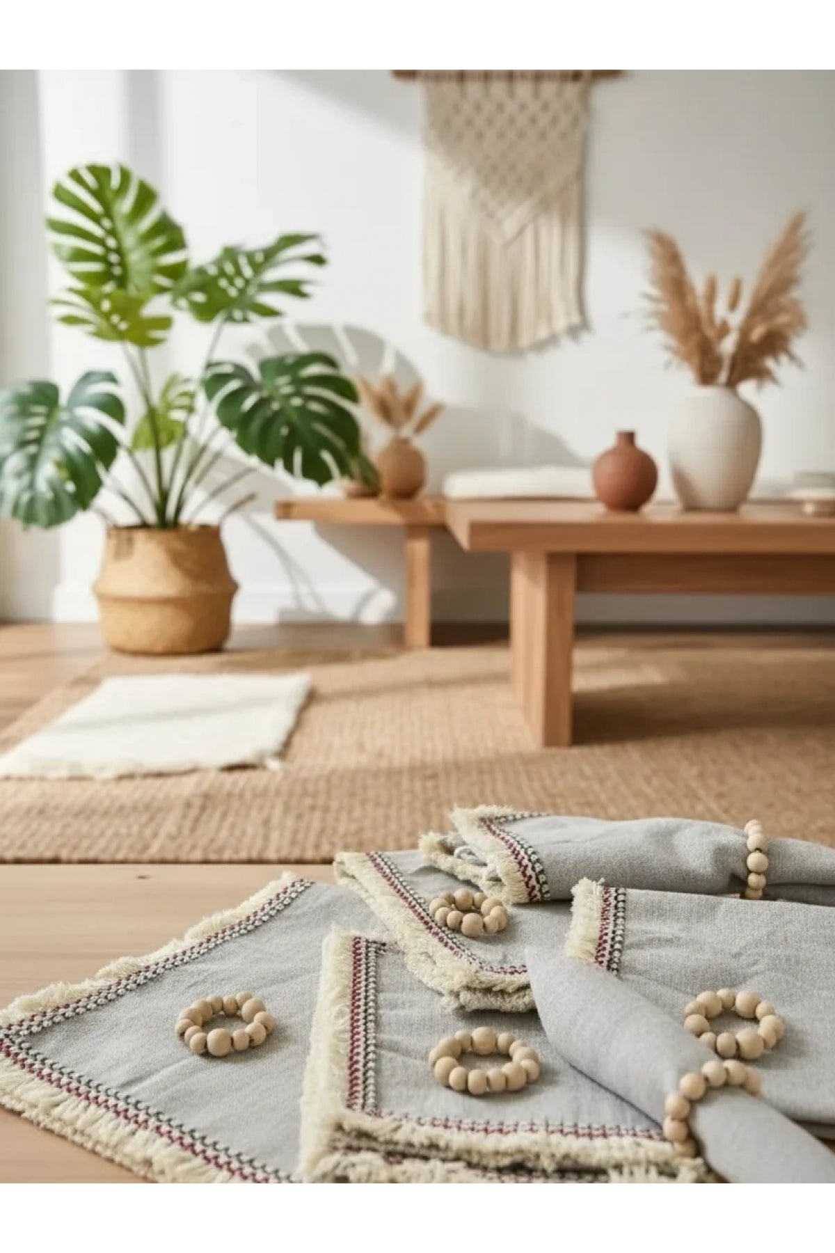 6LI Gri Keten Mini Püsküllü [Ahşap Toka Hediyeli] Peçete Takımı