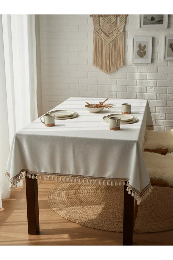 Beyaz Pamuk Keten Şerit Ponponlu Masa Örtüsü