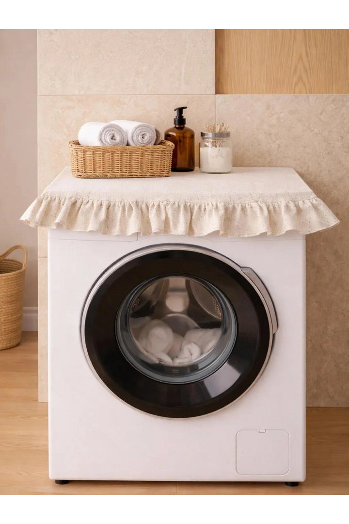 NDC HOME Fırfırlı Çamaşır Makinesi Örtüsü - Çeyizlik Dekoratif Banyo Makine Kılıfı- Krem