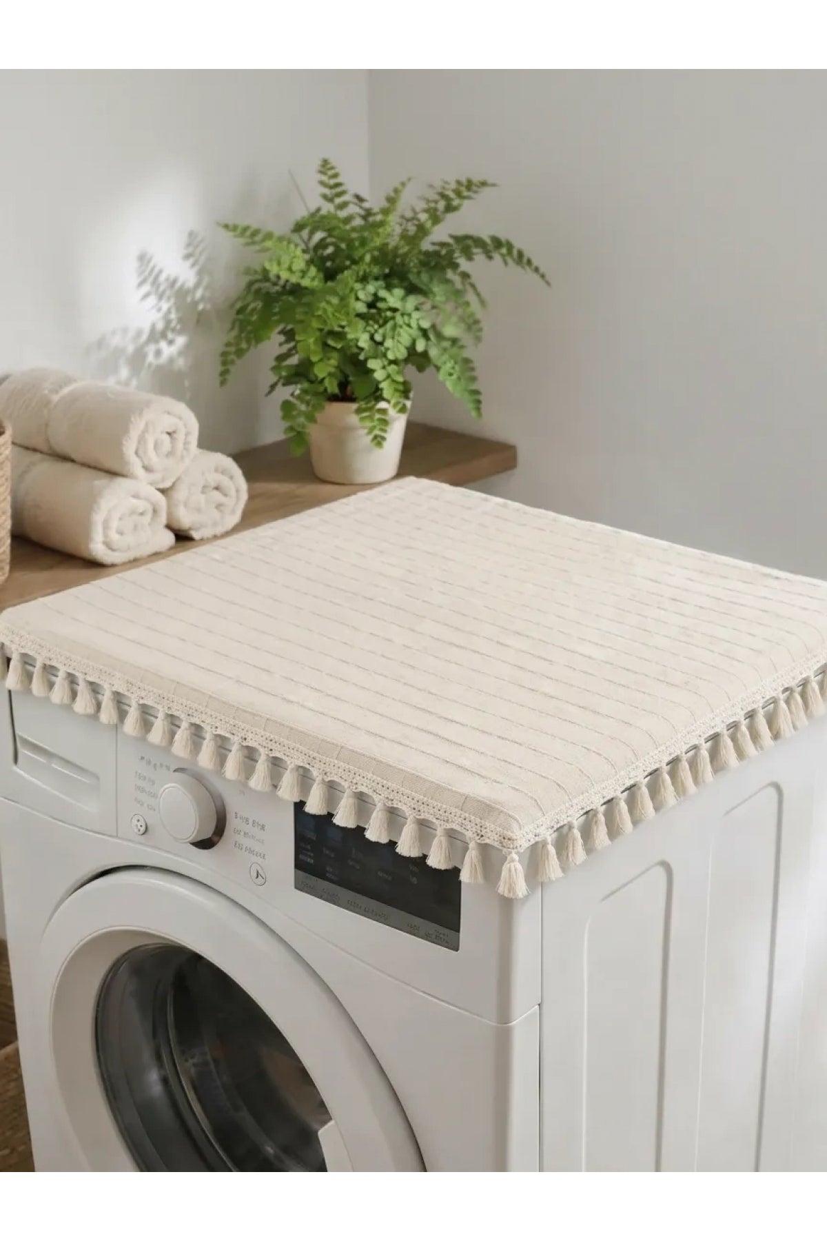 Ham Ponponlu Monica Çamaşır Makinesi Örtüsü - Çeyizlik Dekoratif Banyo Makine Kılıfı