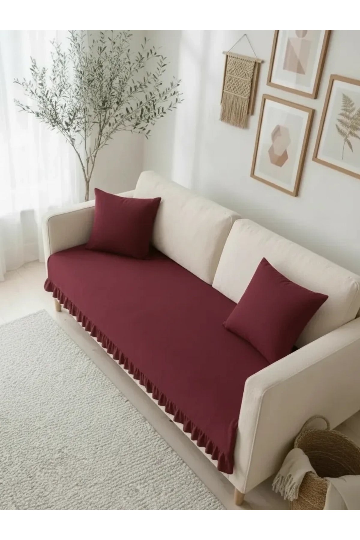 Fırfırlı Keten Koltuk Örtüsü [Kırlentli]-Bordo