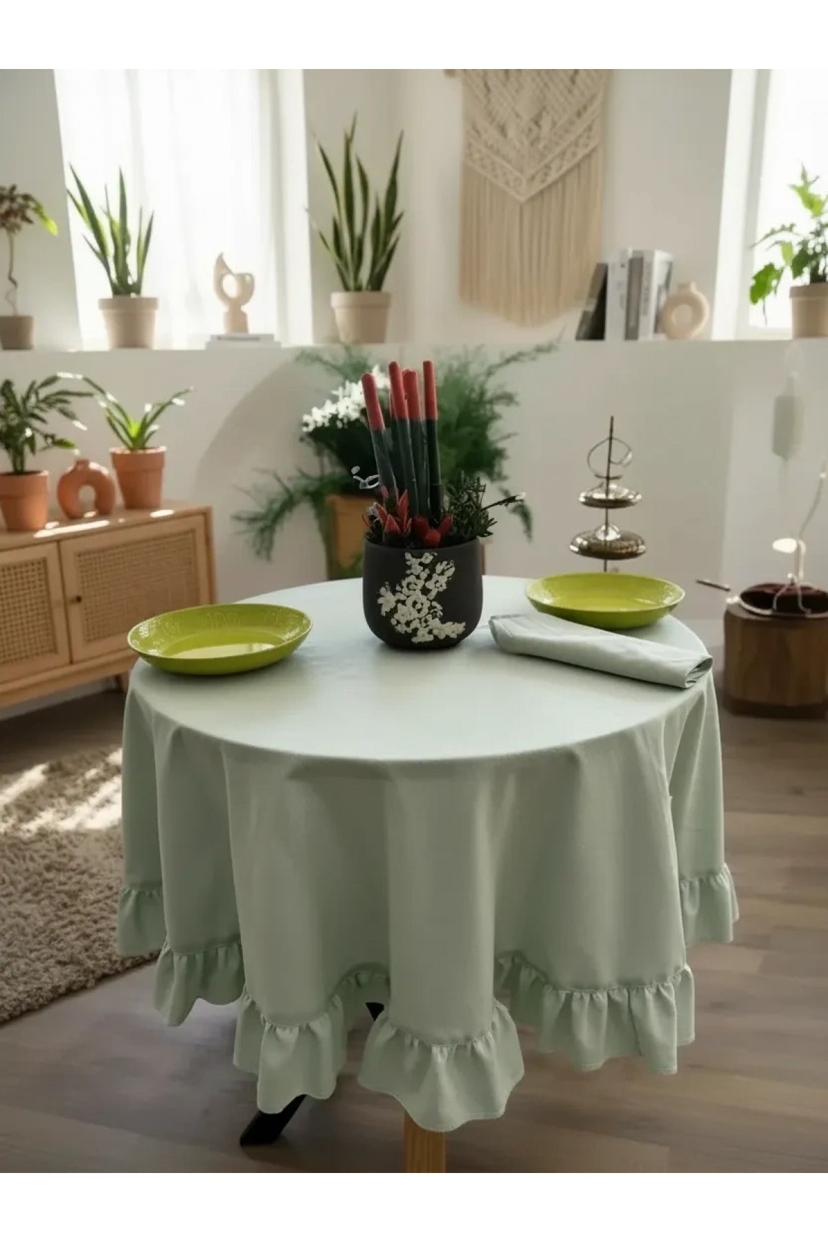 Premium Keten Adaçayı Yeşil FIRFIRLI YUVARLAK Masa Örtüsü