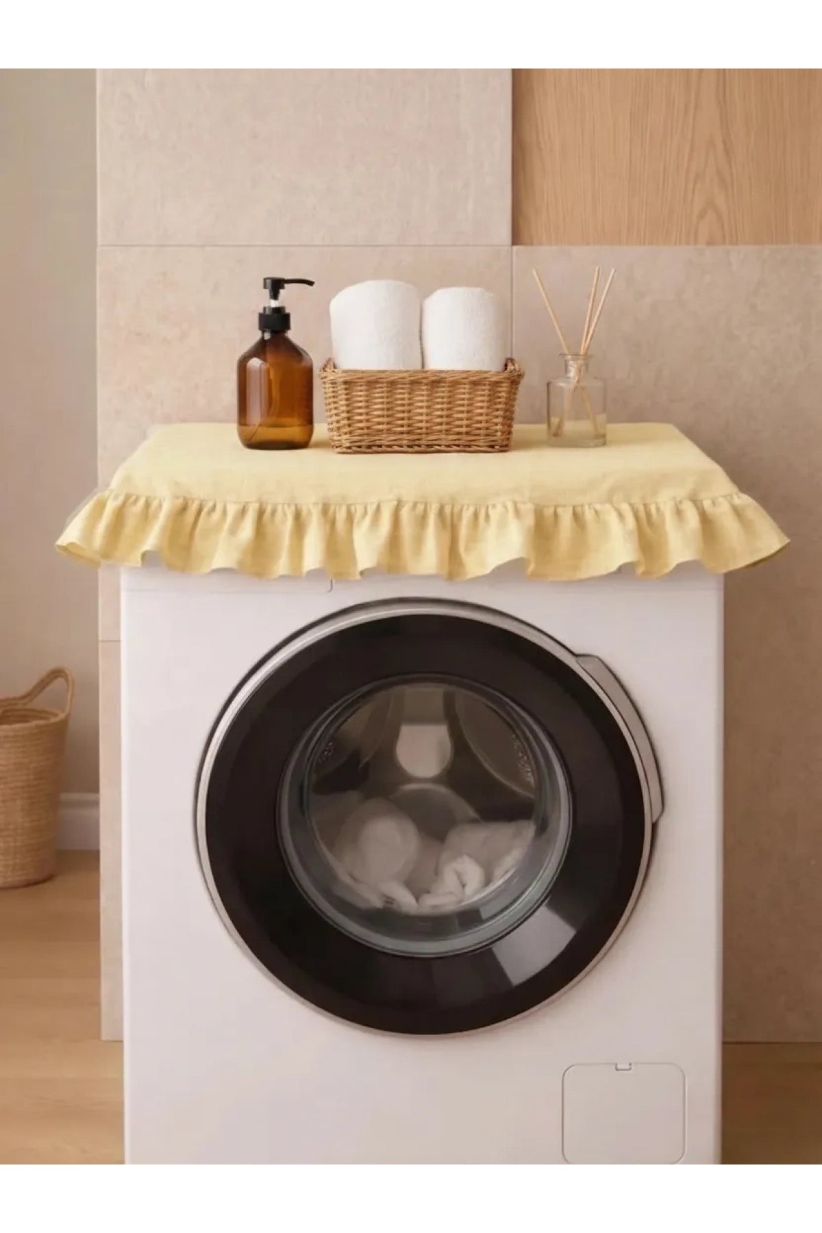 NDC HOME Fırfırlı Çamaşır Makinesi Örtüsü - Çeyizlik Dekoratif Banyo Makine Kılıfı- Sarı