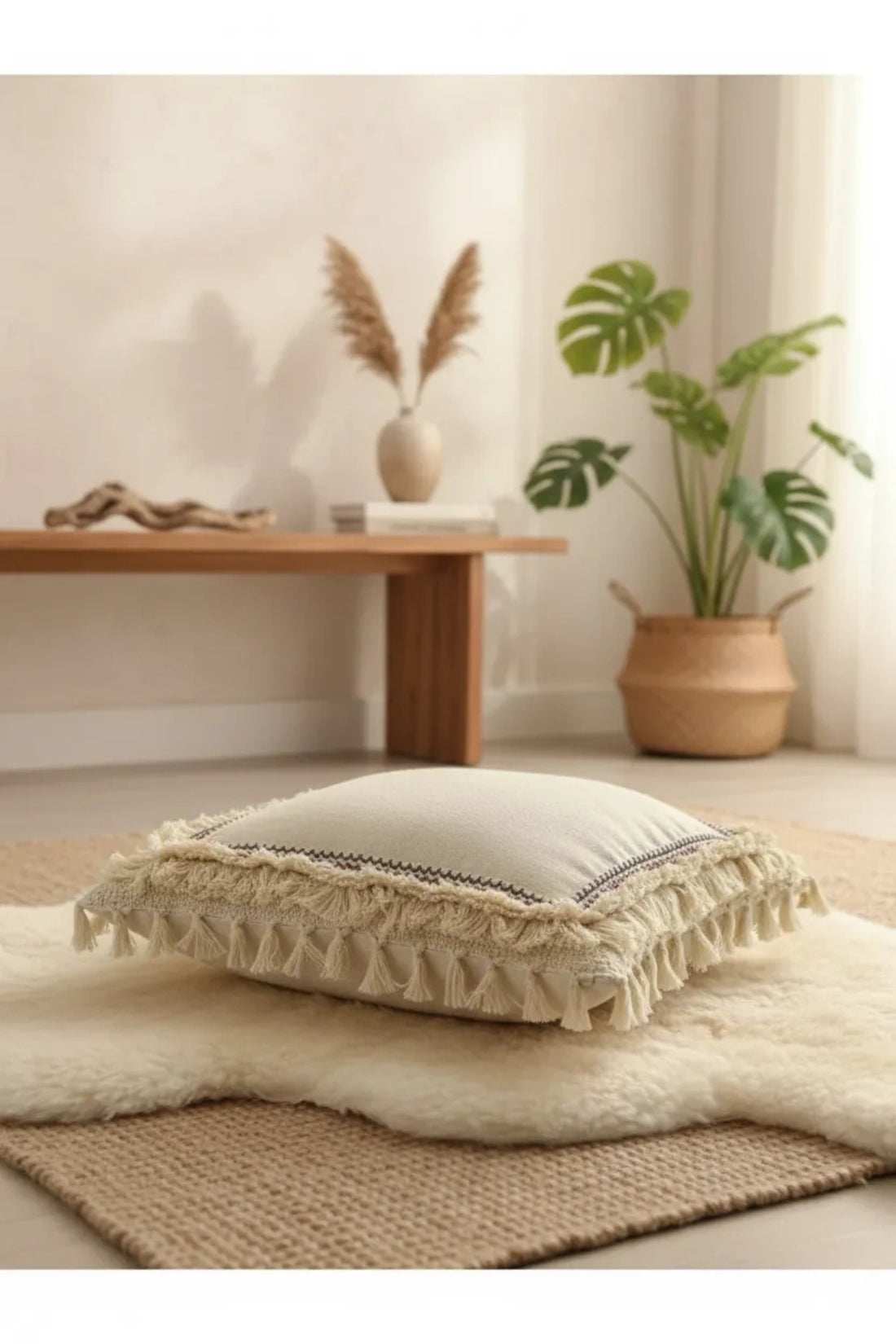 Dört Kenar Püsküllü Keten Krem Kırlent Kırlent Kılıfı43x43][